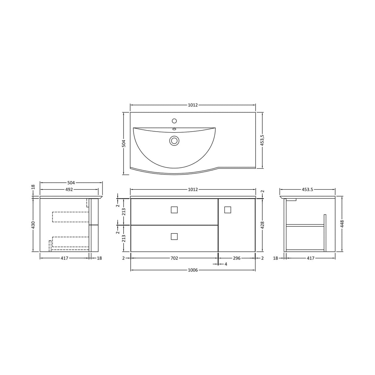 [BFAR202L] Gentleshaw Contemporary 1 Door 2 Drawer Wall Hung Vanity Unit with Curved Basin, 1000mm - Choice of Orientation and Colour - Technical Drawing