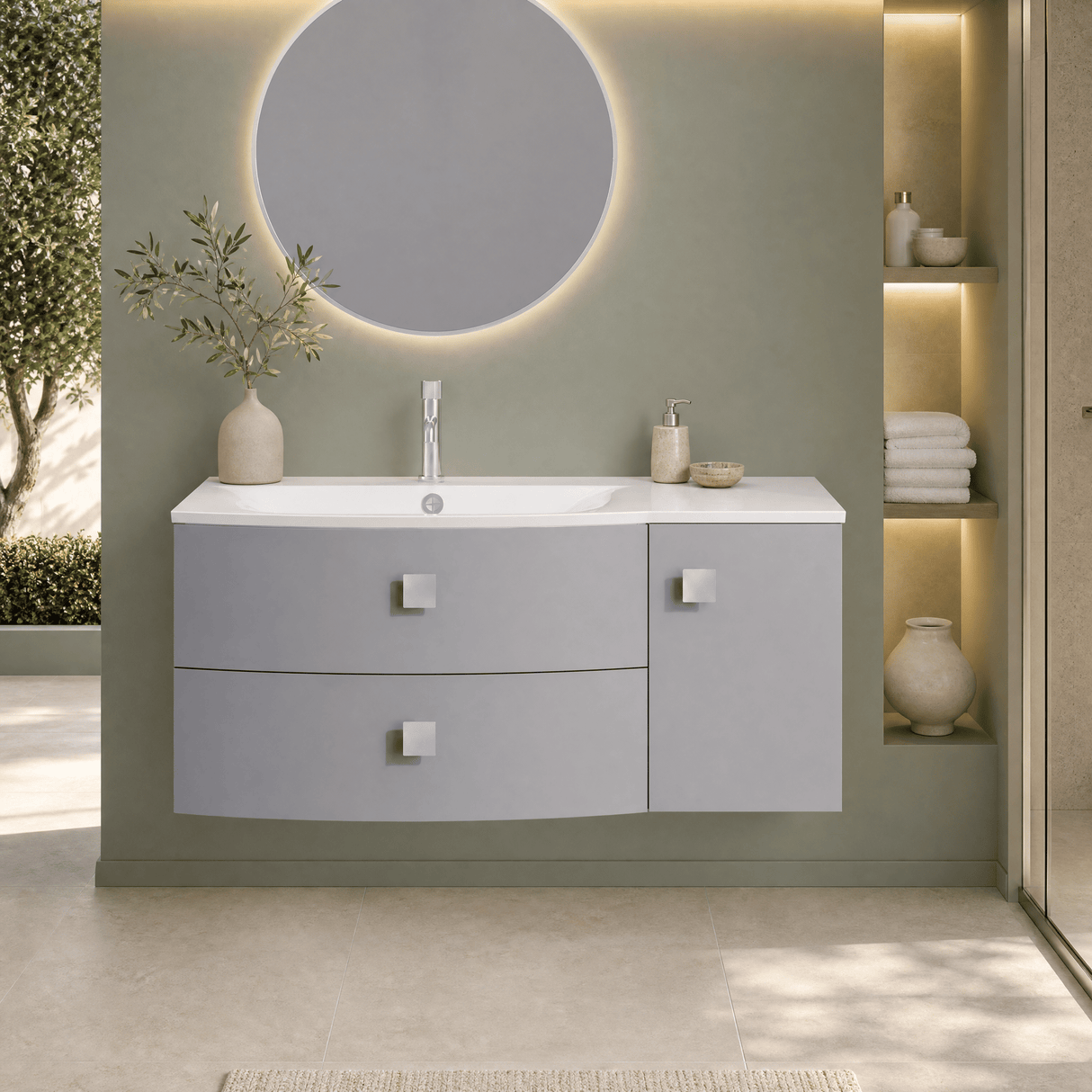 [BFAR202L] Gentleshaw Contemporary 1 Door 2 Drawer Wall Hung Vanity Unit with Curved Basin, 1000mm - Choice of Orientation and Colour