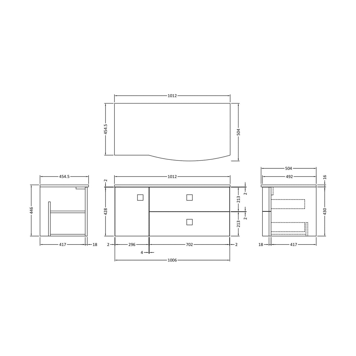 [BFAR205R] Gentleshaw Contemporary Wall Hung Vanity Unit with Grey Marble Worktop, 1000mm - Choice of Orientation and Colour - Technical Drawing