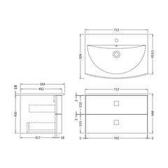 [BFAR301] Gentleshaw Contemporary 2 Drawer Wall Hung Vanity Unit with Curved Basin, 700mm - Choice of Colour - Technical Drawing