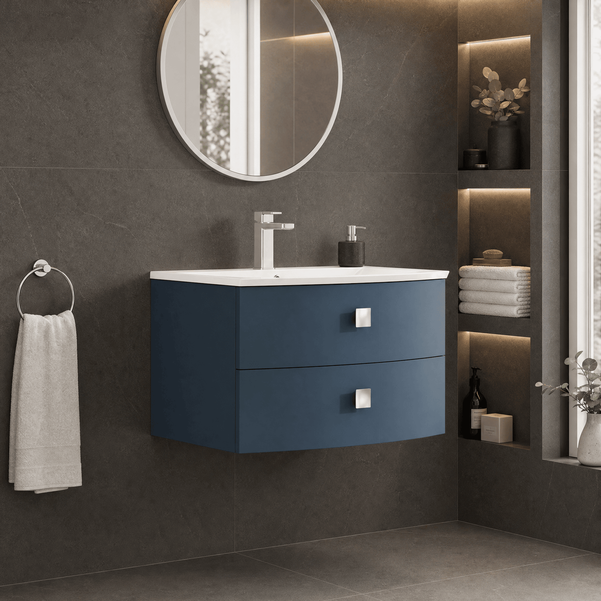 [BFAR301] Gentleshaw Contemporary 2 Drawer Wall Hung Vanity Unit with Curved Basin, 700mm - Choice of Colour