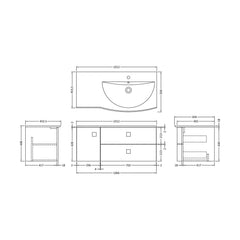 [BFAR302R] Gentleshaw Contemporary 1 Door 2 Drawer Wall Hung Vanity Unit with Curved Basin, 1000mm - Choice of Orientation and Colour - Technical Drawing