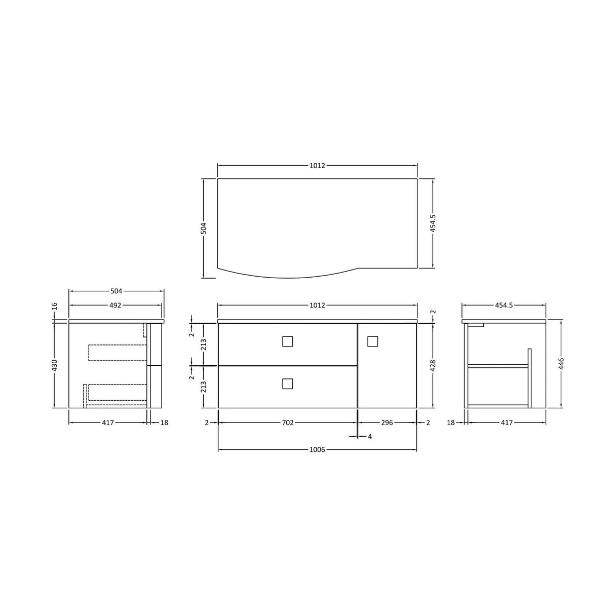 [BFAR305L] Gentleshaw Contemporary Wall Hung Vanity Unit with Grey Marble Worktop, 1000mm - Choice of Orientation and Colour - Technical Drawing