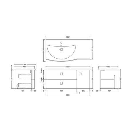 [BFAR802L] Gentleshaw Contemporary 1 Door 2 Drawer Left-Hand Wall Hung Vanity Unit with Curved Basin, Hunter Green, 1000mm - Technical Drawing