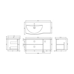 [BFAR802L] Gentleshaw Contemporary 1 Door 2 Drawer Wall Hung Vanity Unit with Curved Basin, 1000mm - Choice of Orientation and Colour - Technical Drawing