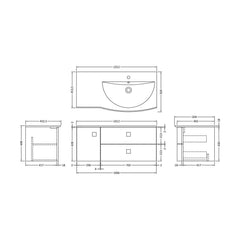 [BFAR802R] Gentleshaw Contemporary 1 Door 2 Drawer Wall Hung Vanity Unit with Curved Basin, 1000mm - Choice of Orientation and Colour - Technical Drawing