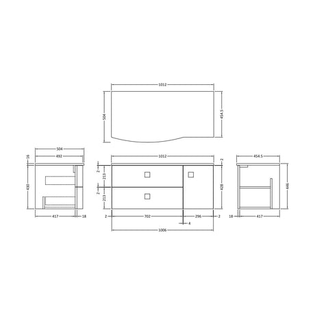 [BFAR803L] Gentleshaw Contemporary Left-Hand Wall Hung Vanity Unit with Marble Worktop, Hunter Green, 1000mm - Technical Drawing