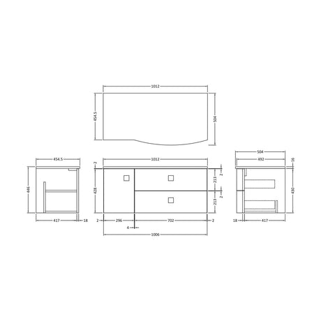 [BFAR803R] Gentleshaw Contemporary 2 Drawer Right-Hand Wall Hung Vanity Unit with White Marble Worktop, 1000mm - Technical Drawing