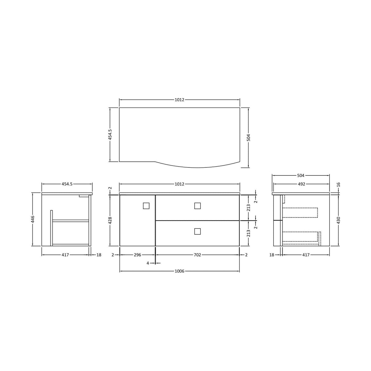 [BFAR805R] Gentleshaw Contemporary Wall Hung Vanity Unit with Grey Marble Worktop, 1000mm - Choice of Orientation and Colour - Technical Drawing