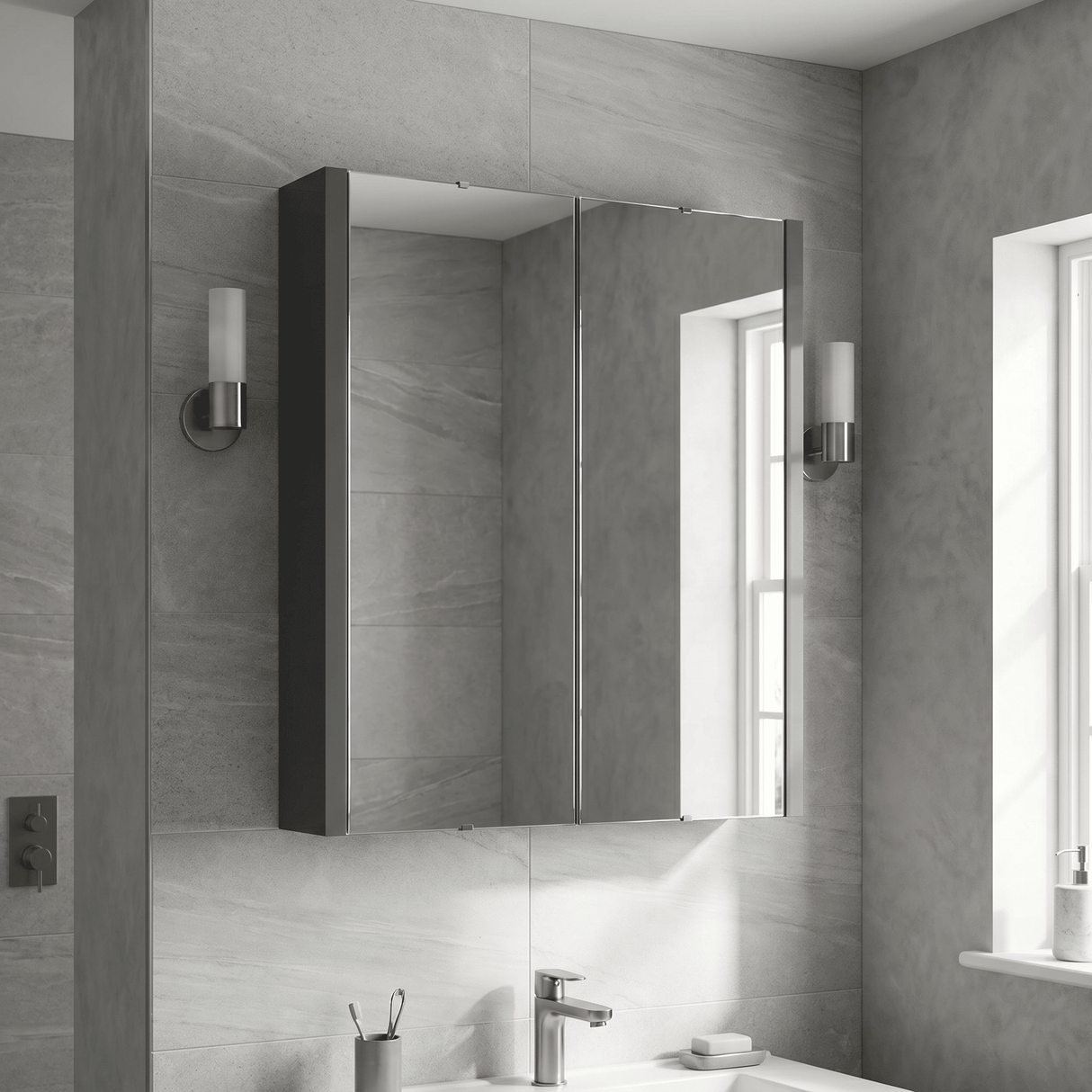 [BFBI913] Bianca Wall Hung 2 Door Mirror Cabinet with Soft Close Doors, 600mm, Gloss Grey - Premium Storage by Balterley - Lifestyle 1