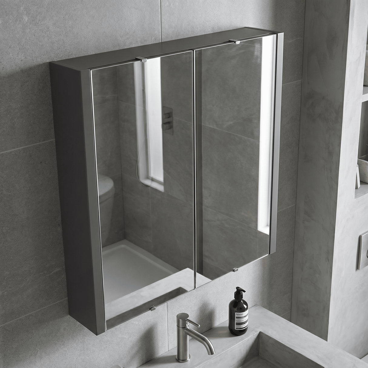 [BFBI913] Bianca Wall Hung 2 Door Mirror Cabinet with Soft Close Doors, 600mm, Gloss Grey - Premium Storage by Balterley - Lifestyle 2