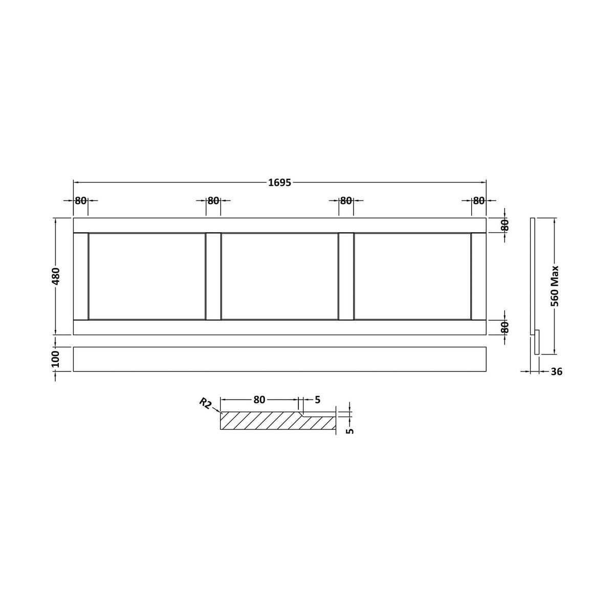 [BFBY305P] Textured Woodgrain Bath Front Panel, Choice of Size and Colour - Technical Drawing