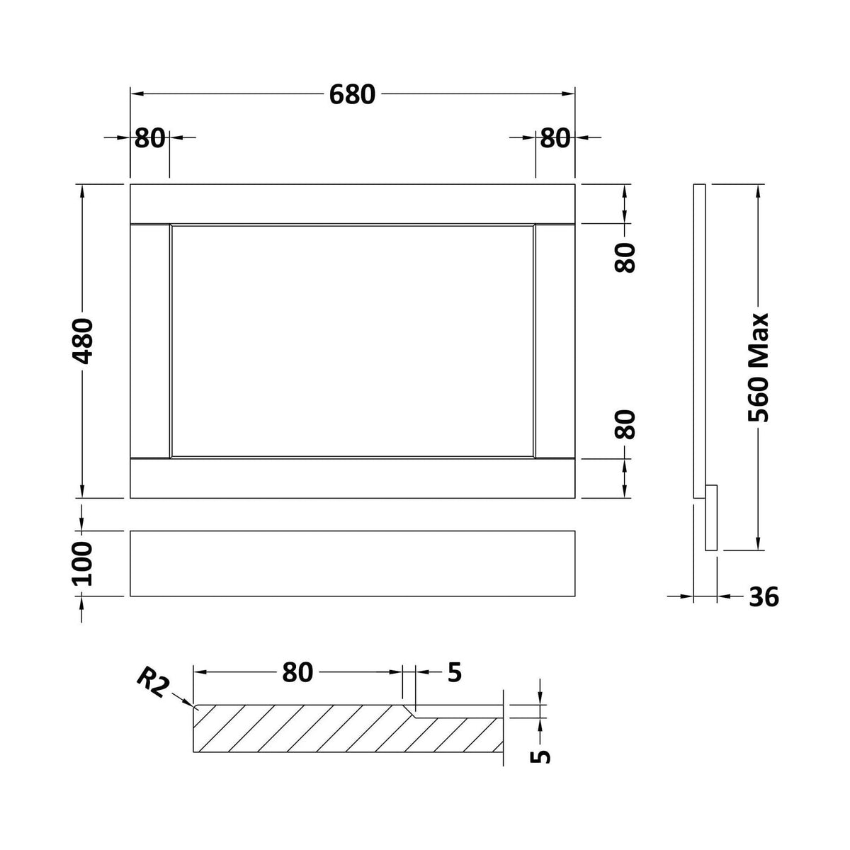 [BFBY311P] Textured Woodgrain Bath End Panel, Choice of Size and Colour - Technical Drawing