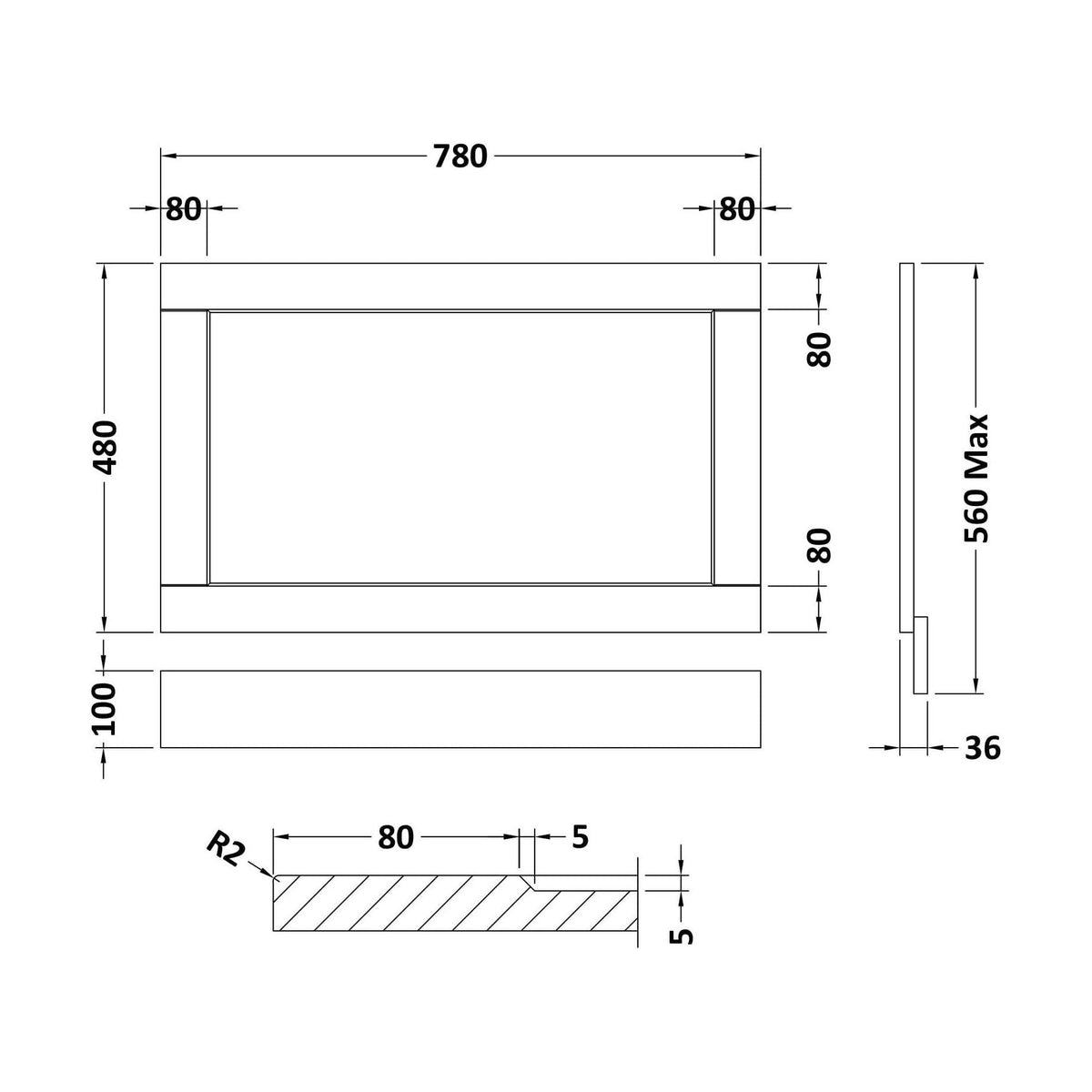 [BFBY313P] Textured Woodgrain Bath End Panel, Choice of Size and Colour - Technical Drawing