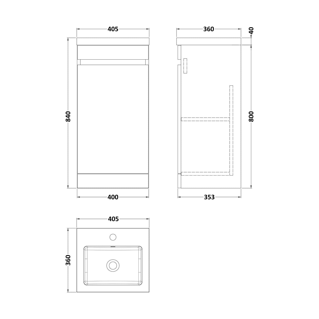 [BFC101OKA] Balterley 400mm Floor Standing 1 Door Compact Unit with Polymarble Basin - Light Oak - Technical Drawing