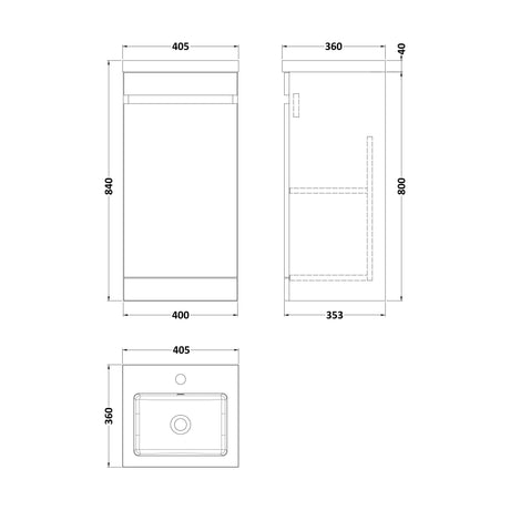 [BFC101OKA] Balterley 400mm Floor Standing 1 Door Compact Unit with Polymarble Basin - Light Oak - Technical Drawing