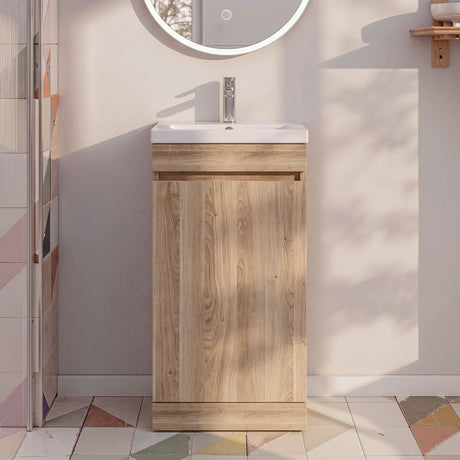 [BFC101OKA] Balterley 400mm Floor Standing 1 Door Compact Unit with Polymarble Basin - Light Oak - Silo
