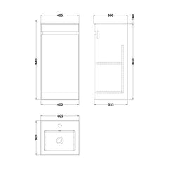 [BFC101PGA] Tean Floor Standing Compact Vanity Unit with Polymarble Basin, Choice of Size and Colour - Technical Drawing