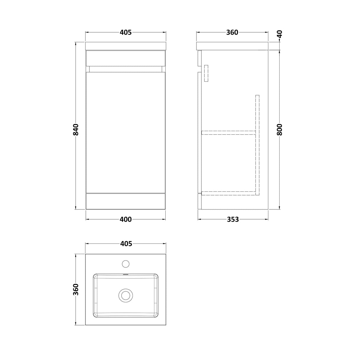 [BFC101WTA] Tean Floor Standing Compact Vanity Unit with Polymarble Basin, Choice of Size and Colour - Technical Drawing