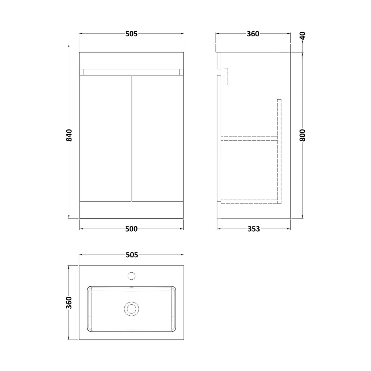 [BFC102BKA] Balterley 500mm Floor Standing 2 Door Compact Unit with Polymarble Basin - Dark Grey - Technical Drawing