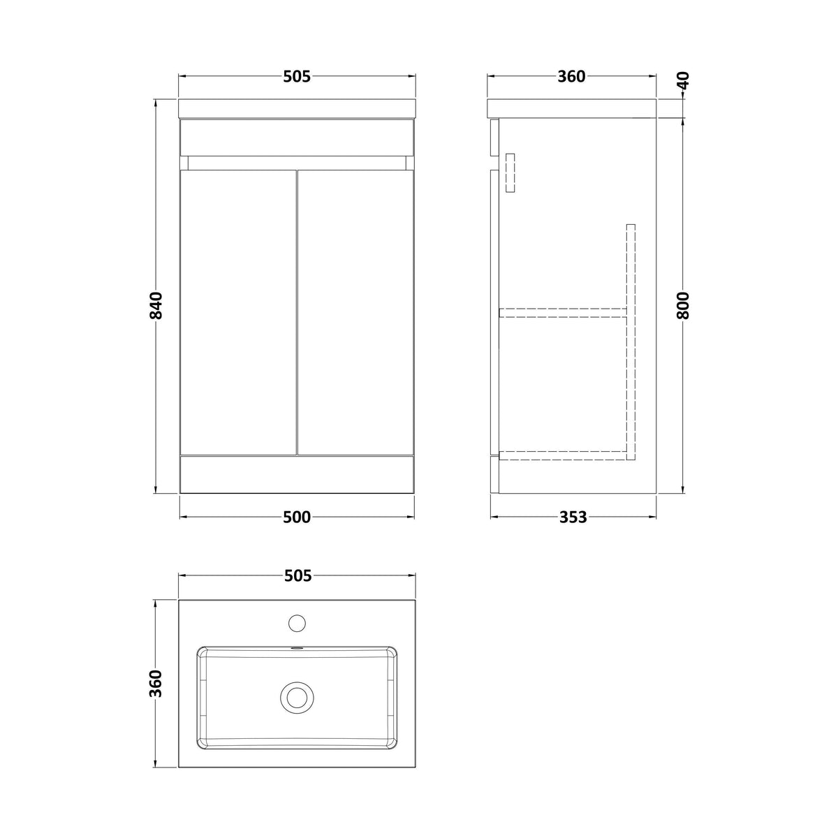 [BFC102OKA] Tean Floor Standing Compact Vanity Unit with Polymarble Basin, Choice of Size and Colour - Technical Drawing
