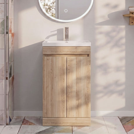 [BFC102OKA] Balterley 500mm Floor Standing 2 Door Compact Unit with Polymarble Basin - Light Oak - Silo