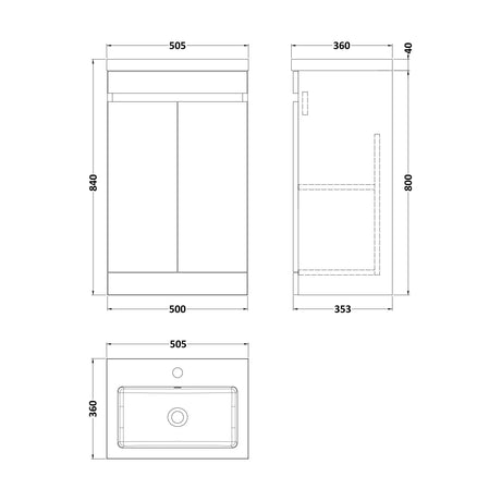 [BFC102WTA] Balterley 500mm Floor Standing 2 Door Compact Unit with Polymarble Basin - White - Technical Drawing