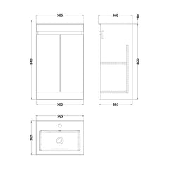 [BFC102WTA] Tean Floor Standing Compact Vanity Unit with Polymarble Basin, Choice of Size and Colour - Technical Drawing