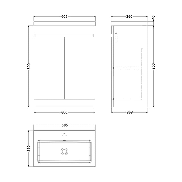 [BFC103BKA] Balterley 600mm Floor Standing 2 Door Compact Unit with Polymarble Basin - Dark Grey - Technical Drawing