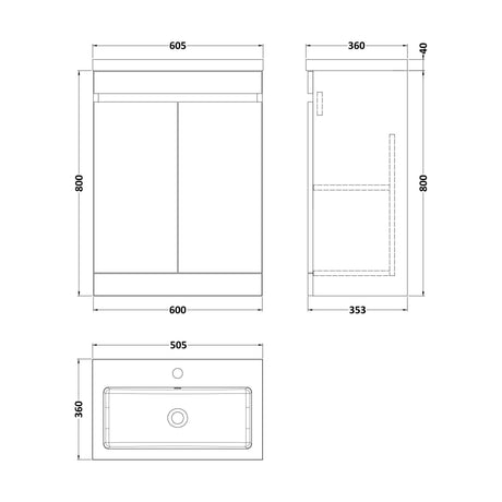 [BFC103OKA] Balterley 600mm Floor Standing 2 Door Compact Unit with Polymarble Basin - Light Oak - Technical Drawing