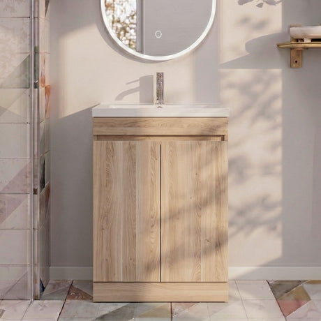 [BFC103OKA] Balterley 600mm Floor Standing 2 Door Compact Unit with Polymarble Basin - Light Oak - Silo