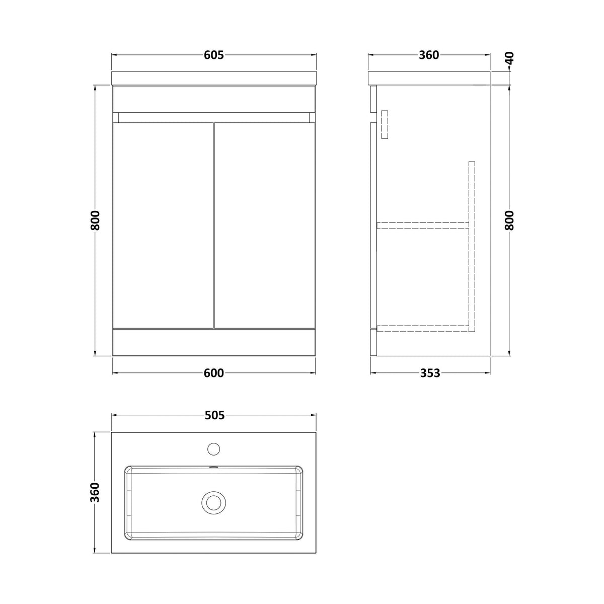 [BFC103PGA] Tean Floor Standing Compact Vanity Unit with Polymarble Basin, Choice of Size and Colour - Technical Drawing