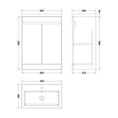 [BFC103PGA] Tean Floor Standing Compact Vanity Unit with Polymarble Basin, Choice of Size and Colour - Technical Drawing
