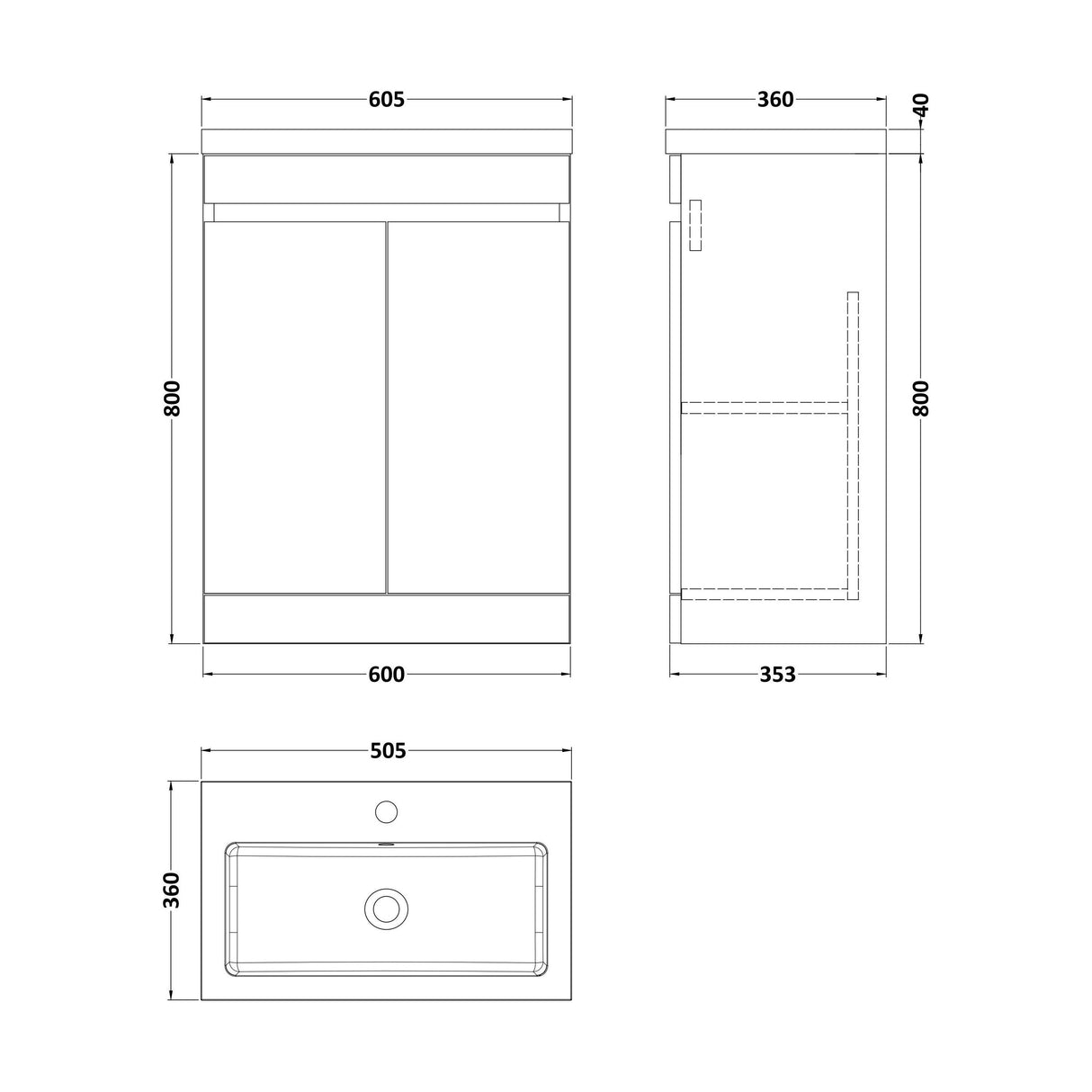 [BFC103WTA] Balterley 600mm Floor Standing 2 Door Compact Unit with Polymarble Basin - White - Technical Drawing