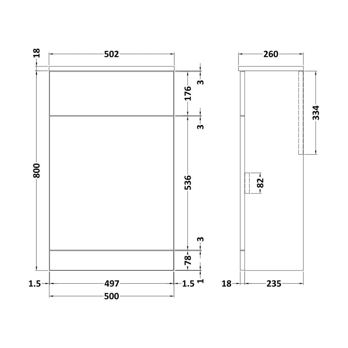 [BFC104BK] Balterley Square Floor Standing WC Back to Wall Toilet Unit, 500mm, Dark Grey - Technical Drawing