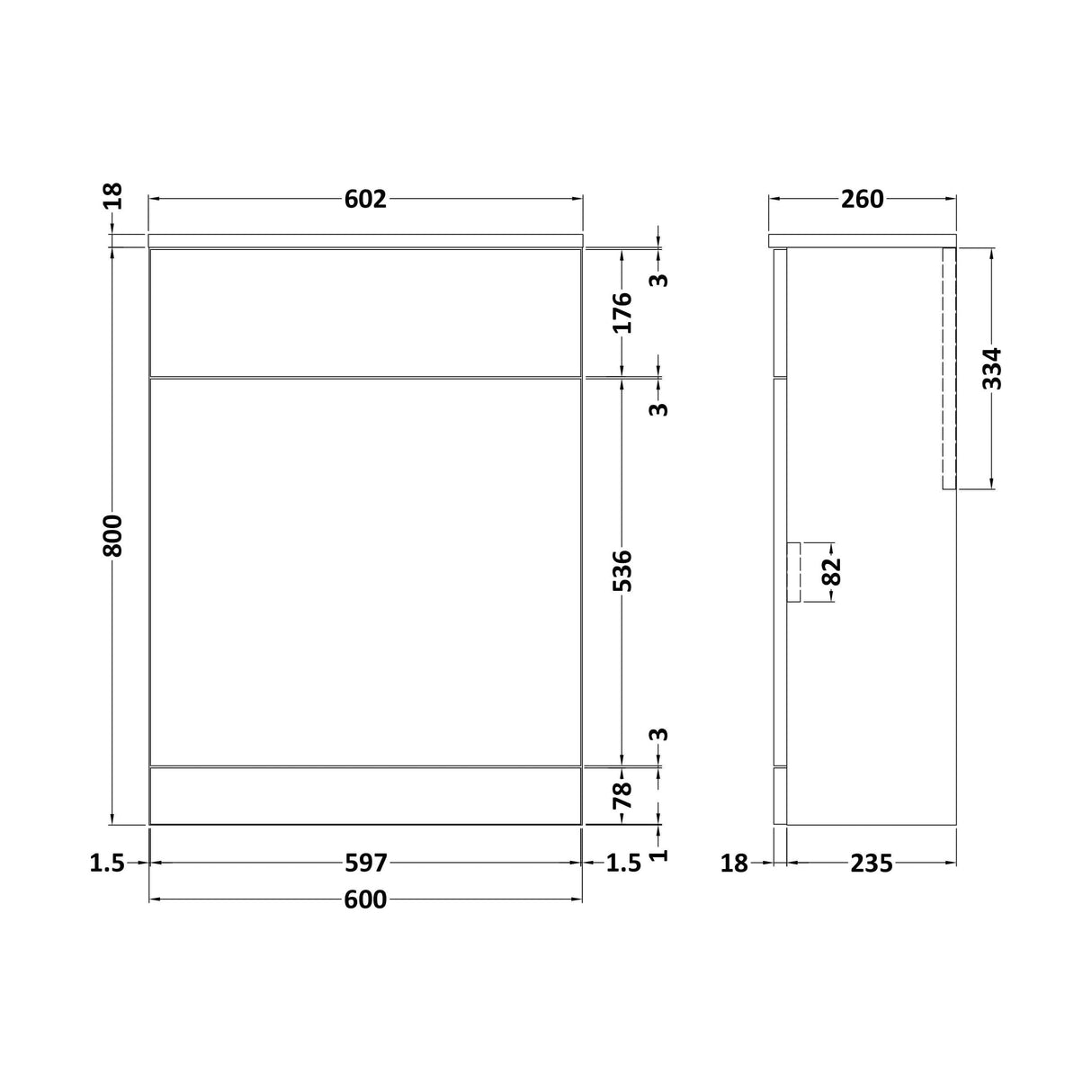 [BFC105GN] Tean Square Floor Standing WC Back to Wall Toilet Unit, Choice of Size and Colour - Technical Drawing