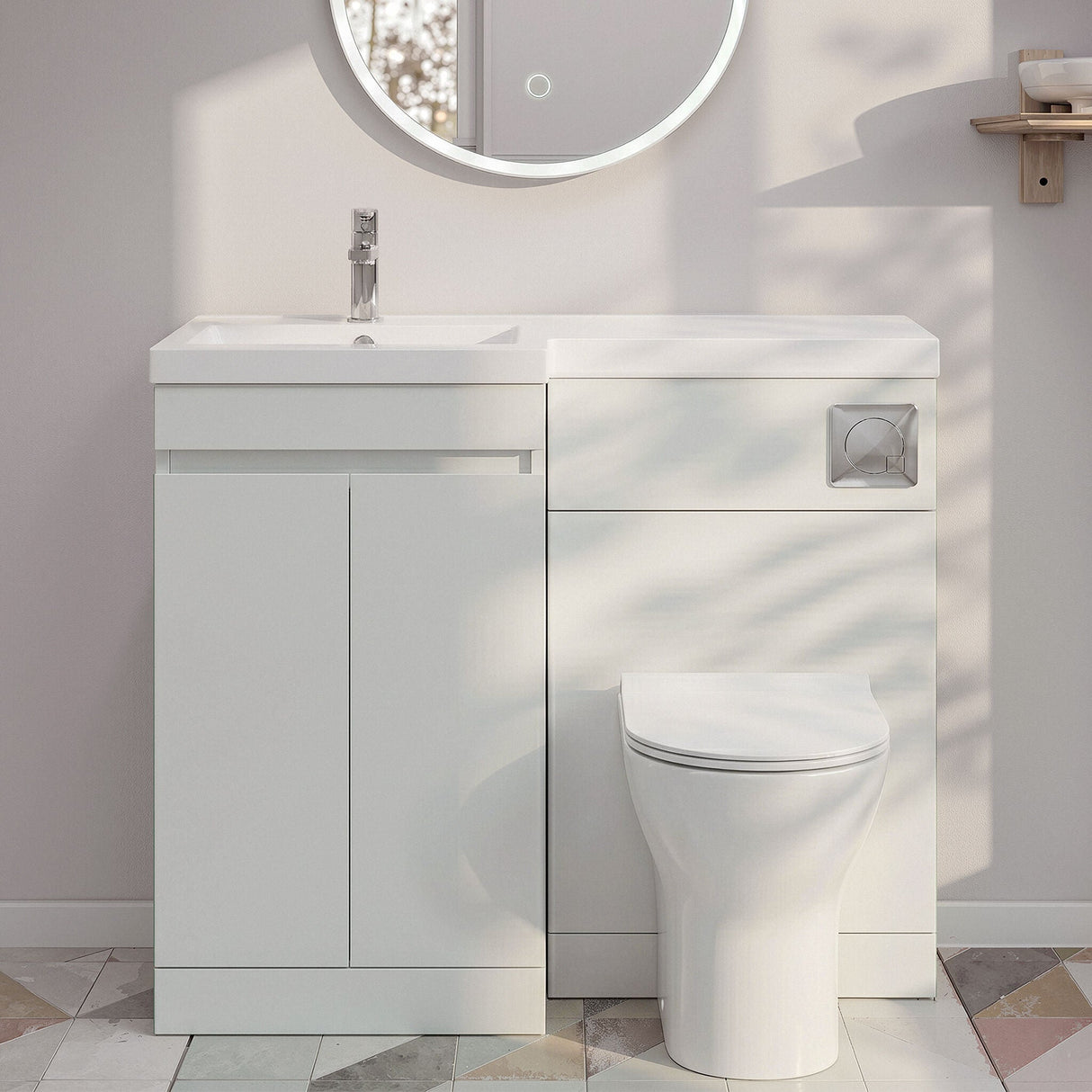[BFC414LWT] Tean 1200mm Floor Standing Compact Unit with Polymarble Basin - Choice of Orientation and Colour - Silo