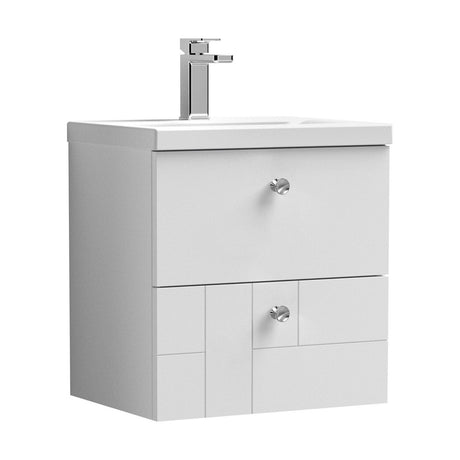 [BFCB105A4] Cube Wall Hung 2 Drawer Geometric Vanity Basin Unit & Ceramic Mid-Edge Basin - 500mm - Satin White with Chrome Round Handles - Cutout