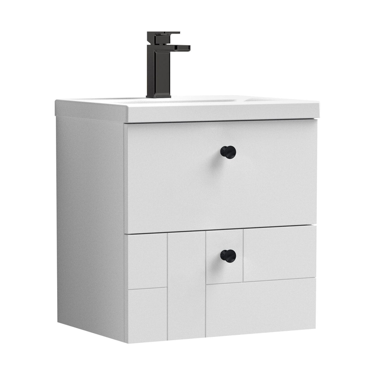 [BFCB105A5] Cube Wall Hung 2 Drawer Geometric Vanity Basin Unit & Ceramic Mid-Edge Basin - 500mm - Satin White with Black Round Handles - Cutout