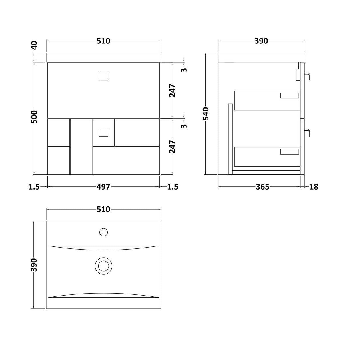 [BFCB105A5] Cube Wall Hung 2 Drawer Geometric Vanity Basin Unit & Ceramic Mid-Edge Basin - 500mm - Satin White with Black Round Handles - Technical Drawing