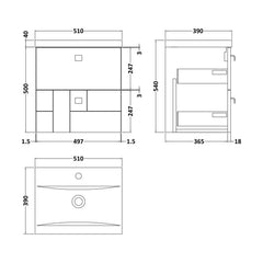 [BFCB105A5] Cube Wall Hung 2 Drawer Geometric Vanity Basin Unit & Ceramic Mid-Edge Basin - 500mm - Satin White with Black Round Handles - Technical Drawing