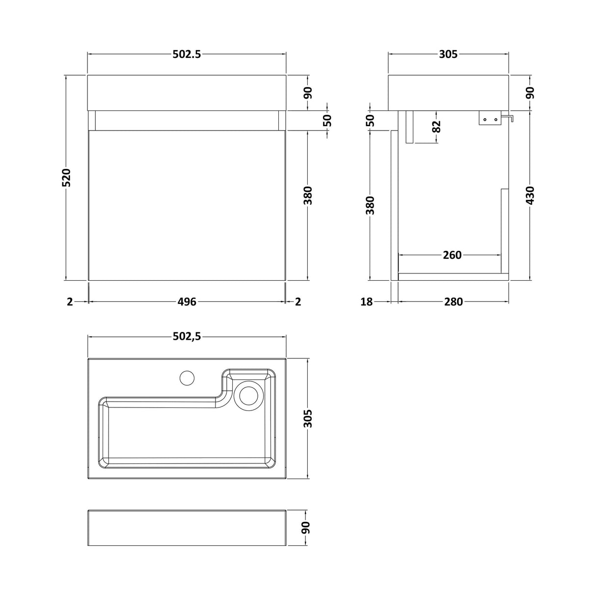 [BFCH014] Wall Hung Vanity Basin Unit & Slimline Polymarble Basin - 500mm - Woodgrain Anthracite - Technical Drawing