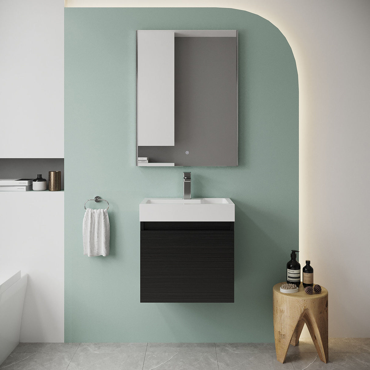[BFCH015] Wall Hung Vanity Basin Unit & Slimline Polymarble Basin - 500mm - Woodgrain Charcoal Black - Lifestyle 1