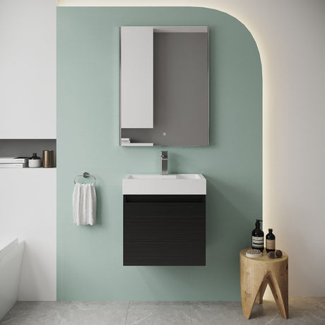 [BFCH015] Wall Hung Vanity Basin Unit & Slimline Polymarble Basin - 500mm - Woodgrain Charcoal Black - Lifestyle 1