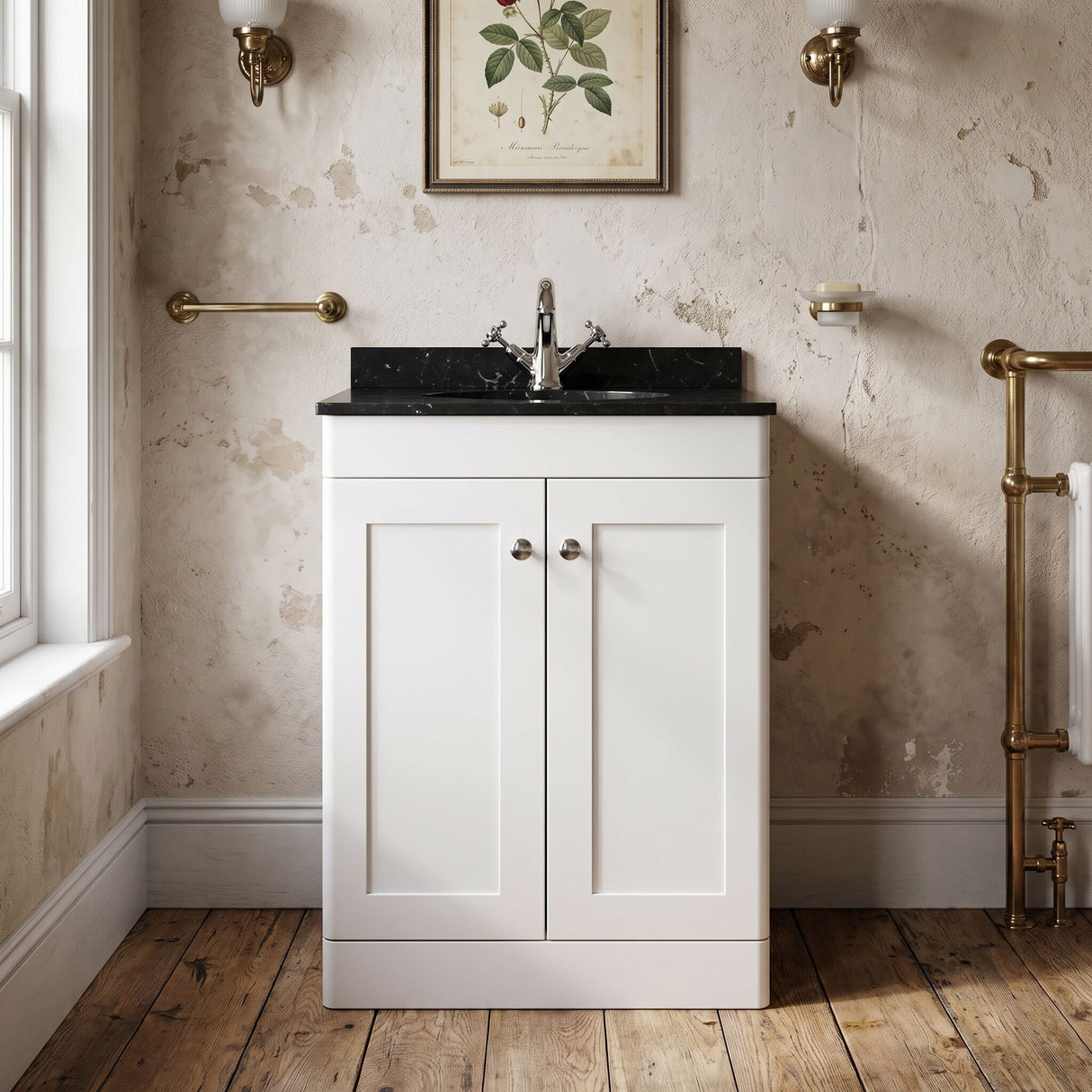 [BFCL125BR1] Swynnerton Traditional 2 Door Floor Standing Vanity Unit with Black Marble Worktop and 1 Tap Hole Basin, Choice of Size and Colour