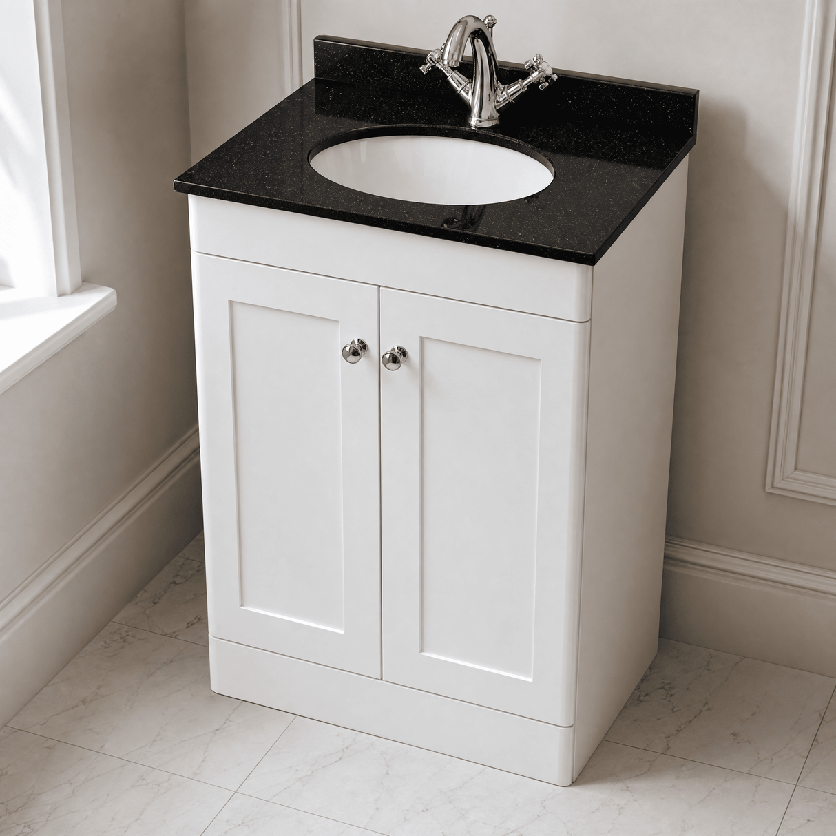 [BFCL125BR1] Swynnerton Traditional 2 Door Floor Standing Vanity Unit with Black Marble Worktop and 1 Tap Hole Basin, Choice of Size and Colour