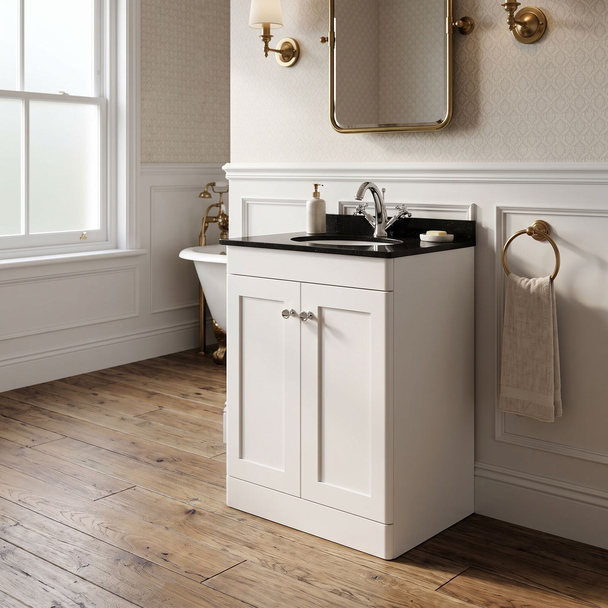 [BFCL125BR1] Swynnerton Traditional 2 Door Floor Standing Vanity Unit with Black Marble Worktop and 1 Tap Hole Basin, Choice of Size and Colour