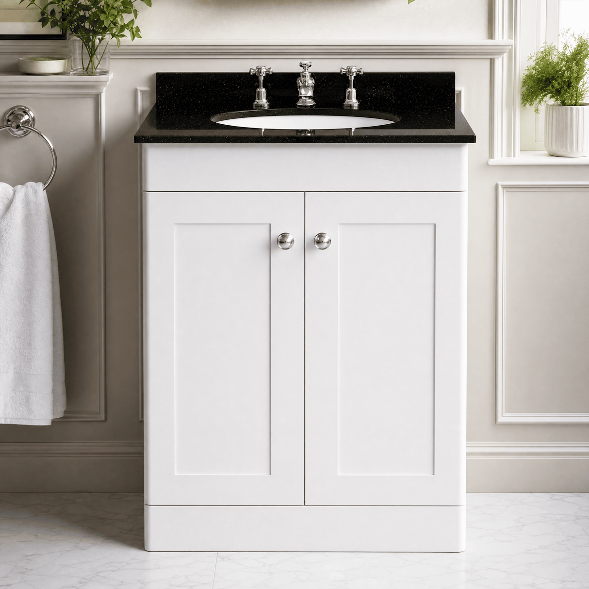 [BFCL125BR3] Swynnerton Traditional 2 Door Floor Standing Vanity Unit with Black Marble Worktop and 3 Tap Hole Basin, Choice of Size and Colour