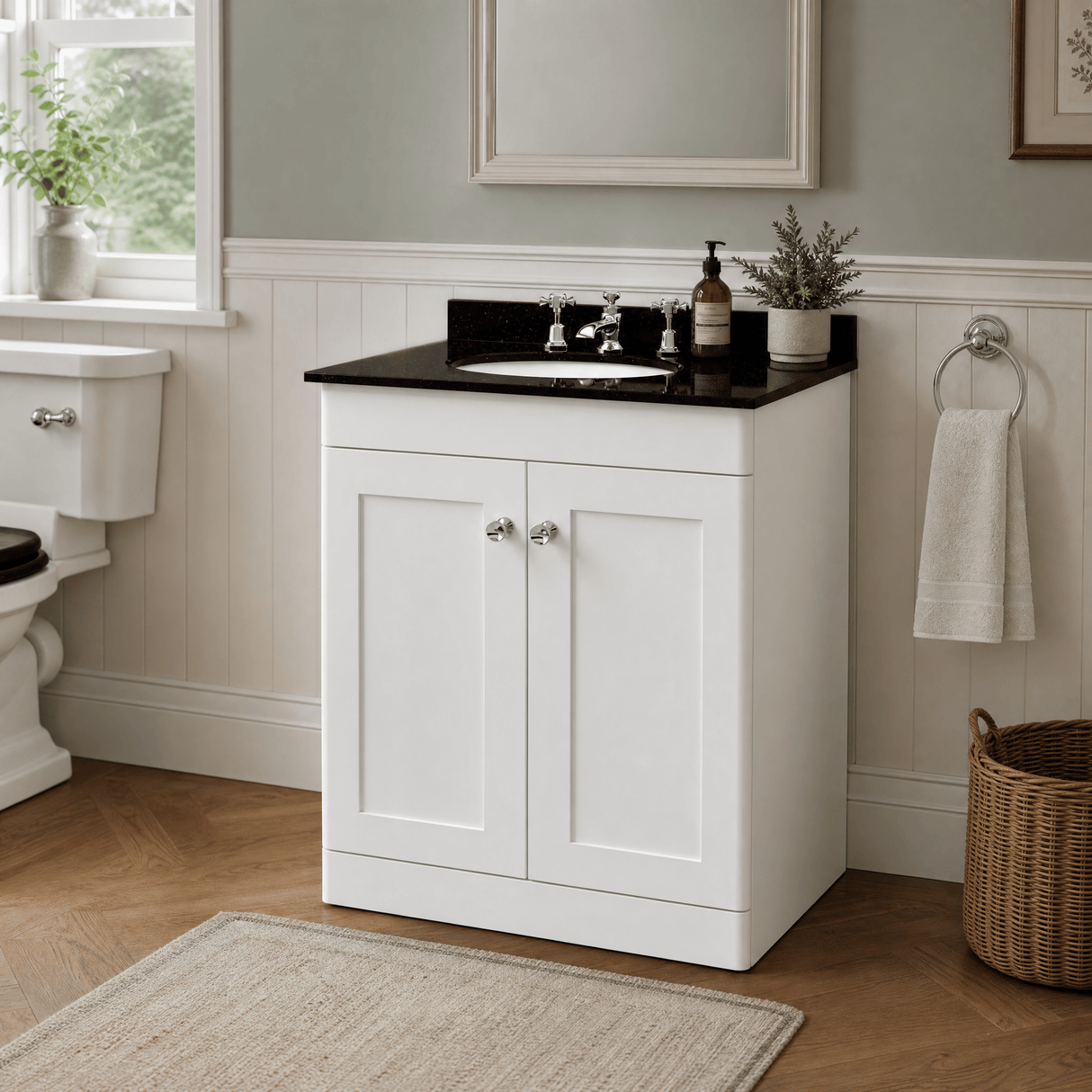 [BFCL125BR3] Swynnerton Traditional 2 Door Floor Standing Vanity Unit with Black Marble Worktop and 3 Tap Hole Basin, Choice of Size and Colour