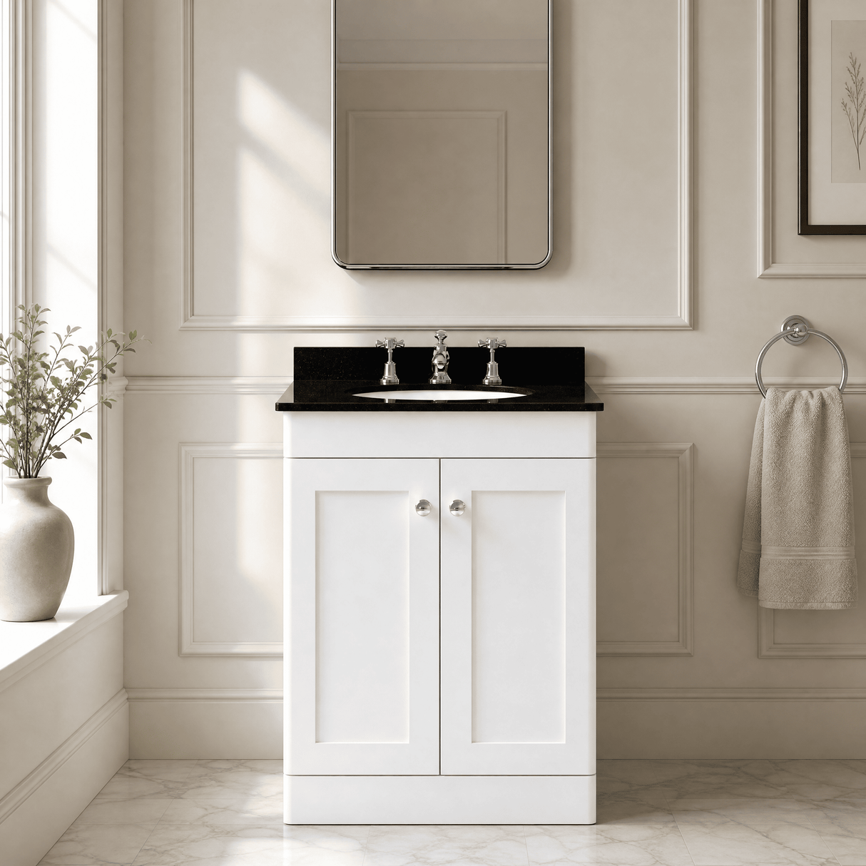 [BFCL125BR3] Swynnerton Traditional 2 Door Floor Standing Vanity Unit with Black Marble Worktop and 3 Tap Hole Basin, Choice of Size and Colour - Silo
